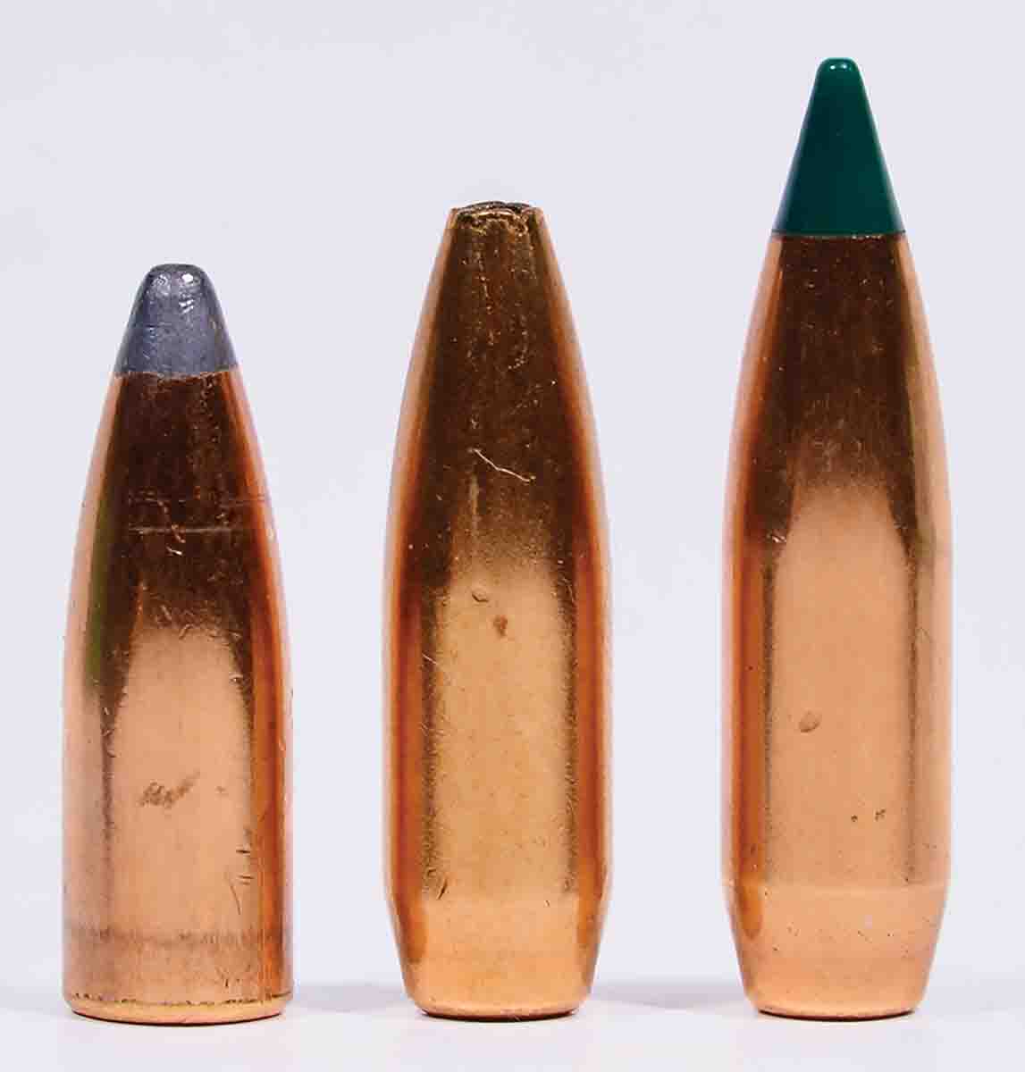 Bullet length is critical to achieving sufficient velocity in the .250-3000 to stabilize the bullet in its 1:14 rifling twist (left to right): the Speer Hot-Cor 87-grain, Sierra 90-grain HPBT and Sierra 90-grain BlitzKing. Both the Speer and the HPBT are recommended for medium game, while the BlitzKing is not only a varmint bullet, its length would encroach on powder capacity too much to attain the necessary velocity.
